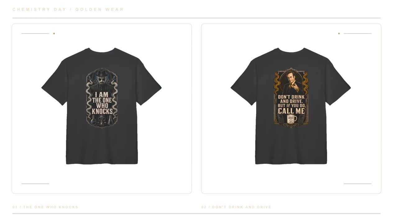 Mosaico de mockups de camisetas traseras The One Who Knocks y Don't Drink and Drive de Golden Wear